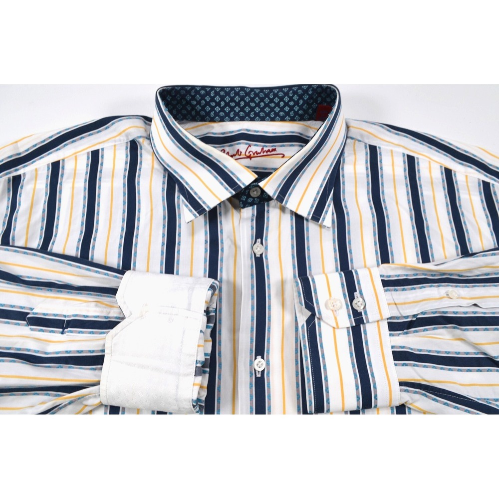 Robert Graham White Striped Flip Cuff Shirt Men's XXL 18‎ 1/2  Long Sleeve